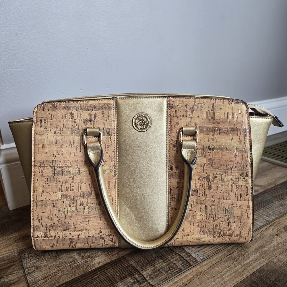 Anne Klein Metallic Cork & Gold Satchel Handbag - Chic Structured Tote